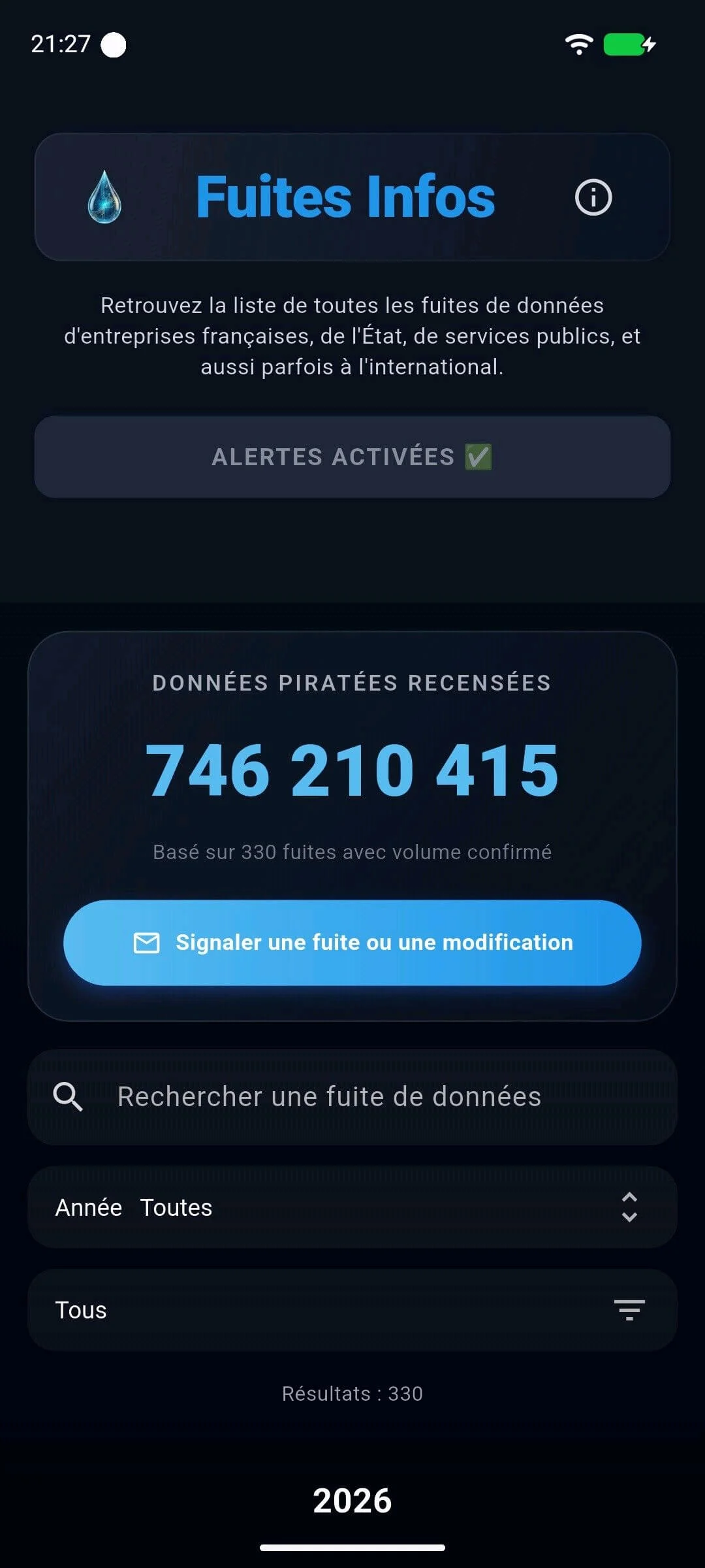 Aperçu de l'application Fuites Infos